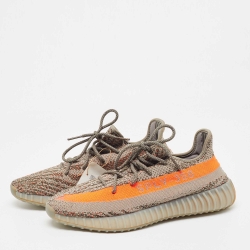 Pre Owned Yeezy x Adidas Grey/Neon Orange Knit Fabric Boost 350 V2 Beluga Reflective Sneakers Size 47 1/3