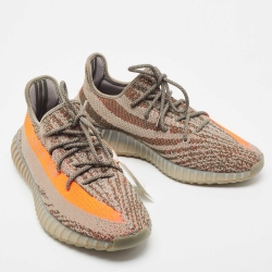 Pre Owned Yeezy x Adidas Grey/Neon Orange Knit Fabric Boost 350 V2 Beluga Reflective Sneakers Size 47 1/3