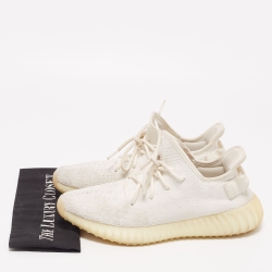 Pre Owned Yeezy x Adidas White Knit Fabric Boost 350 V2 Triple White Sneakers Size 42 2/3