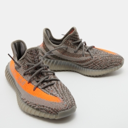 Pre Owned Yeezy x Adidas Grey/Orange Knit Fabric Boost 350 V2 Beluga Reflective Sneakers Size 41 1/3