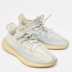 Pre Owned Yeezy x Adidas Light Blue/White Knit Fabric Boost 350 V2 Cloud White Sneakers Size 43 1/3
