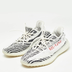 Pre Owned Yeezy x Adidas White/Black Knit Fabric Boost 350 V2 Zebra Sneakers Size 44 2/3