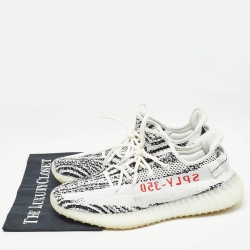 Pre Owned Yeezy x Adidas White/Black Knit Fabric Boost 350 V2 Zebra Sneakers Size 44 2/3
