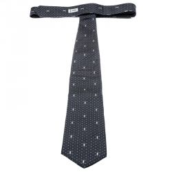Pre Owned Yves Saint Laurent Grey Dotted Monogram Silk Traditional Tie