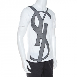 Pre Owned Yves Saint Laurent White Cotton Contrast Mesh Logo Detail T Shirt M