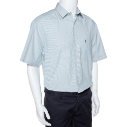 Pre Owned Yves Saint Laurent Green Striped Cotton Short Sleeve Shirt XL