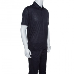 Pre Owned Z Zegna Techmerino Navy Blue Wool and Linen Slub Jersey Polo T-Shirt L