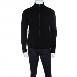 Z Zegna Technomerino Black Wool Contrast Neck Zip Front Sweatshirt M