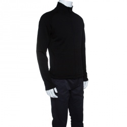 Z Zegna Technomerino Black Wool Contrast Neck Zip Front Sweatshirt M