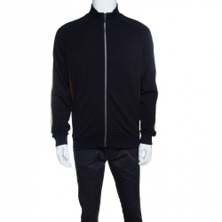 Z Zegna Techmerino Navy Blue Wool Contrast Striped Panel Zip Front Sweatshirt L