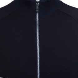 Z Zegna Techmerino Navy Blue Wool Contrast Striped Panel Zip Front Sweatshirt L