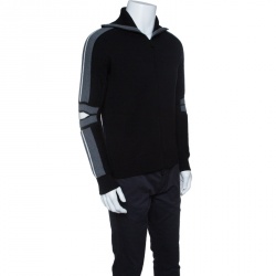 Pre Owned Z Zegna Technomerino Black Wool Contrast Panel Detail Zip Front Cardigan M