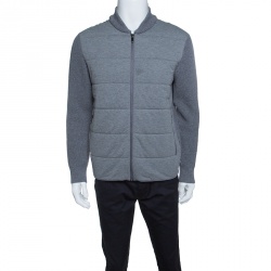 Z Zegna Grey Quilted Front Panel Chunky Knit Zip Front Cardigan L