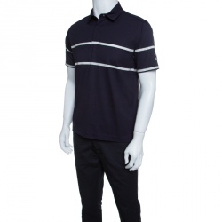 Pre Owned Z Zegna Technomerino Navy Blue Contrast Striped Wool Jersey Polo T-Shirt M