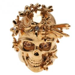 Alexander McQueen Gold Butterfly And Flower Skull Ring Size 53