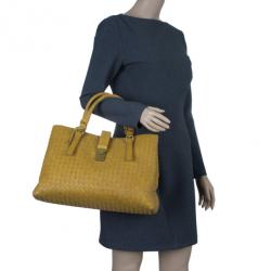 Pre Owned Bottega Veneta Mustard Leather Roma Intrecciato Tote