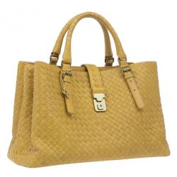 Pre Owned Bottega Veneta Mustard Leather Roma Intrecciato Tote