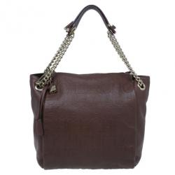Pre Owned Carolina Herrera Brown Monogram Leather Shoulder Tote