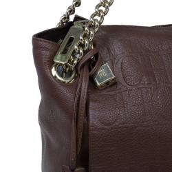 Pre Owned Carolina Herrera Brown Monogram Leather Shoulder Tote