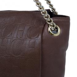 Pre Owned Carolina Herrera Brown Monogram Leather Shoulder Tote