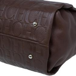 Pre Owned Carolina Herrera Brown Monogram Leather Shoulder Tote