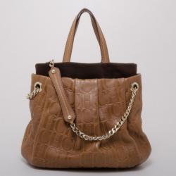 Pre Owned Carolina Herrera Brown Monogram Leather Embossed Tote
