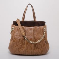 Pre Owned Carolina Herrera Brown Monogram Leather Embossed Tote
