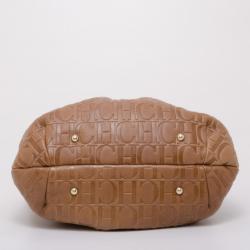 Pre Owned Carolina Herrera Brown Monogram Leather Embossed Tote