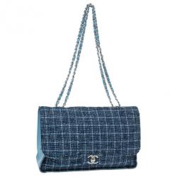 Pre Owned Chanel Blue Tweed Jumbo Flap Bag