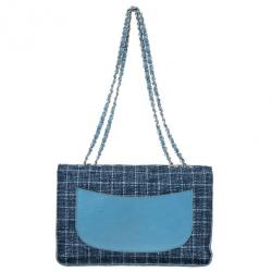 Pre Owned Chanel Blue Tweed Jumbo Flap Bag
