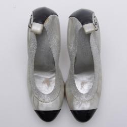 Pre Owned Chanel Silver/Black Leather Elastic Ballet Pumps Size 36.5