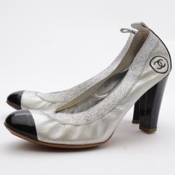 Pre Owned Chanel Silver/Black Leather Elastic Ballet Pumps Size 36.5