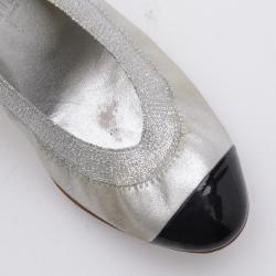 Pre Owned Chanel Silver/Black Leather Elastic Ballet Pumps Size 36.5