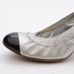 Pre Owned Chanel Silver/Black Leather Elastic Ballet Pumps Size 36.5