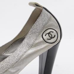 Pre Owned Chanel Silver/Black Leather Elastic Ballet Pumps Size 36.5