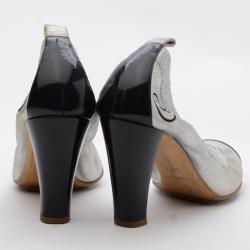Pre Owned Chanel Silver/Black Leather Elastic Ballet Pumps Size 36.5