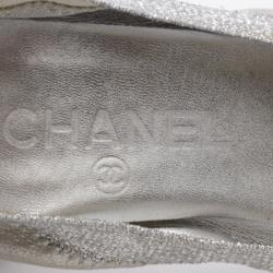 Pre Owned Chanel Silver/Black Leather Elastic Ballet Pumps Size 36.5
