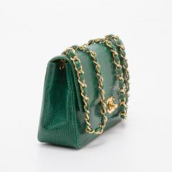 Chanel small green lizard leather flap bag GHW