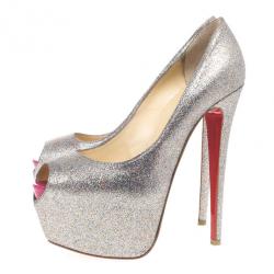 Pre Owned Christian Louboutin Glitter Highness Peep Toe Platform Pumps Size 39.5