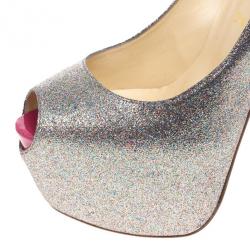Pre Owned Christian Louboutin Glitter Highness Peep Toe Platform Pumps Size 39.5