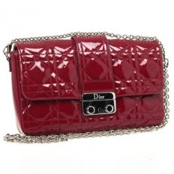 Pre Owned Christian Dior Red Cannage Quilted Patent Leather Lady Dior New Lock Mini Flap Bag
