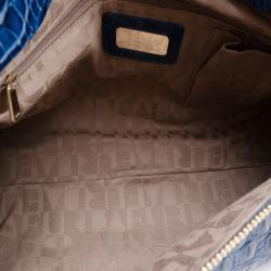 Pre Owned Furla Blue Crocodile Embossed Large Piper Satchel