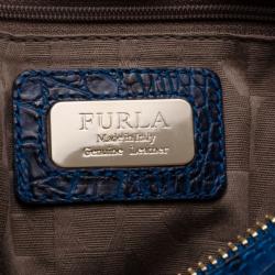 Pre Owned Furla Blue Crocodile Embossed Large Piper Satchel