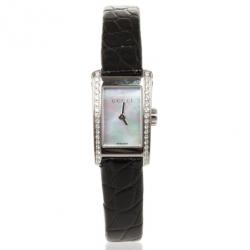 Pre Owned Gucci 8600L Mother of Pearl Diamond SS Leather Womens Wristwatch 26 MM