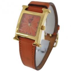 Pre Owned Hermes Orange Gold Plated SS Womens Wristwatch 21 MM