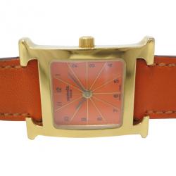 Pre Owned Hermes Orange Gold Plated SS Womens Wristwatch 21 MM
