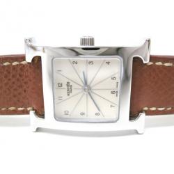 Pre Owned Hermes H Watch Wristwatch SS Leather Brown Ladies
