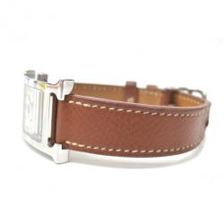 Pre Owned Hermes H Watch Wristwatch SS Leather Brown Ladies