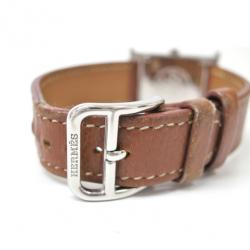 Pre Owned Hermes H Watch Wristwatch SS Leather Brown Ladies