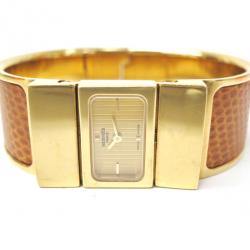 Pre Owned Hermes Loquet Wristwatch GP Leather Gold Brown Ladies